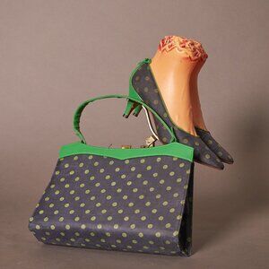 1950s Blue with Green Polka Dots Pumps Heels W Matching Purse